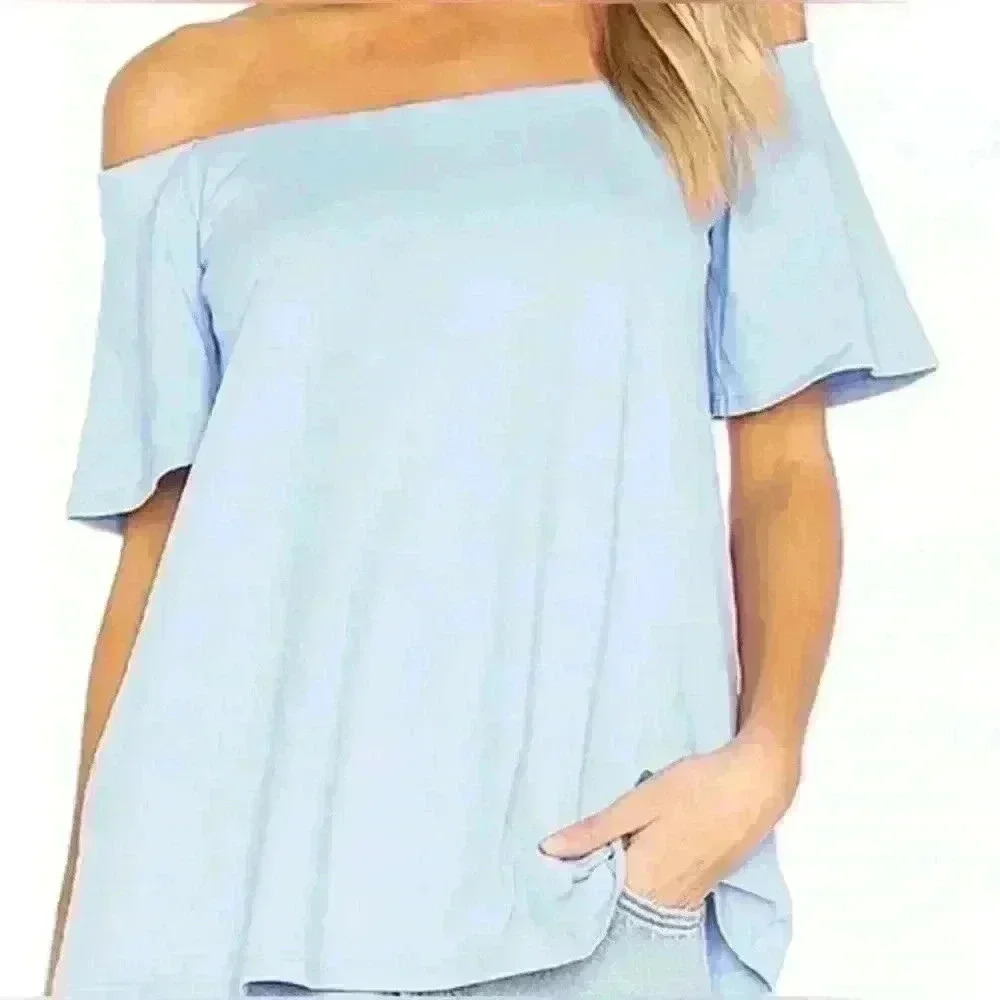 Susana Monaco Light Blue Off Shoulder Swing Short Sleeve Top Size Small EUC